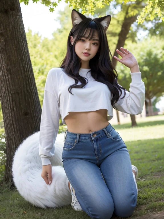 ((Highest quality, 32k)), ((masterpiece)), (Familiar), Perfect Face, Fox Girl, Pretty girl, Outdoor, model, Has one tail, She has a northern fox tail, She stretches out her fluffy tail, Beautiful hip line, Thick thighs, Tight jeans, A big tail sticks out from his butt, On all fours, Waving his tail happily, She only has one tail, I'm surprised