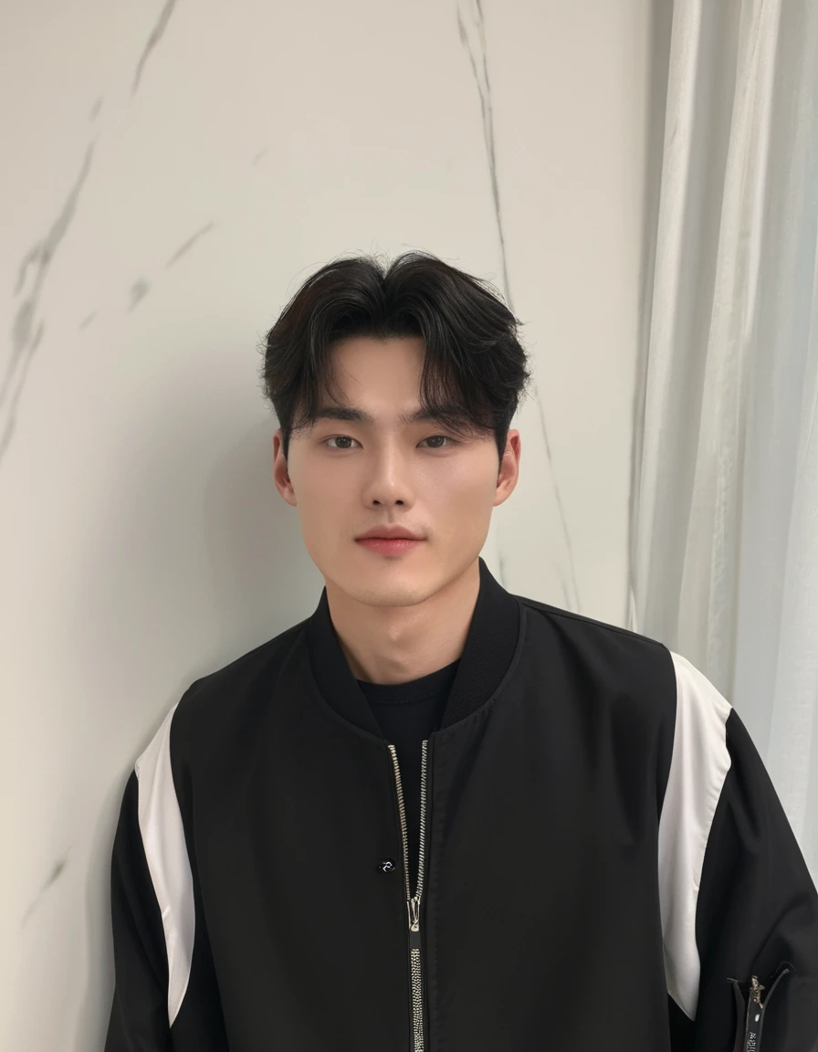Best Quality, 8k, Masterpiece, (Portrait: 1.3), (photo realistic:1.4), (hyper realistic:1.4), Sharp Focus, looking at viewer, (smoother lighting:1.1), (increase cinematic lighting quality:0.9), realistic lighting, backlighting, light on face, ray trace, (brightening light:1.2), (Increase quality:1.4), sharp detail, (best quality real texture skin:1.4), finely detailed eyes, black_eyes, finely detailed face, 25 year old Korean man, (white formal_shirt:1.4), (Create an image maintaining the original base model hairstyle:1.5)