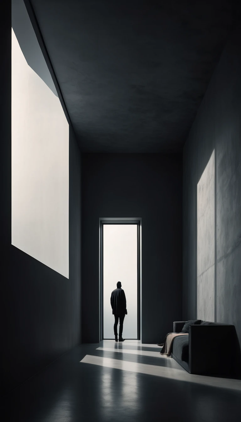 a  person in a minimalist room with a skylight at the top, abstract silhouette composition, dramatic light and shadow, moody and somber atmosphere, dark background