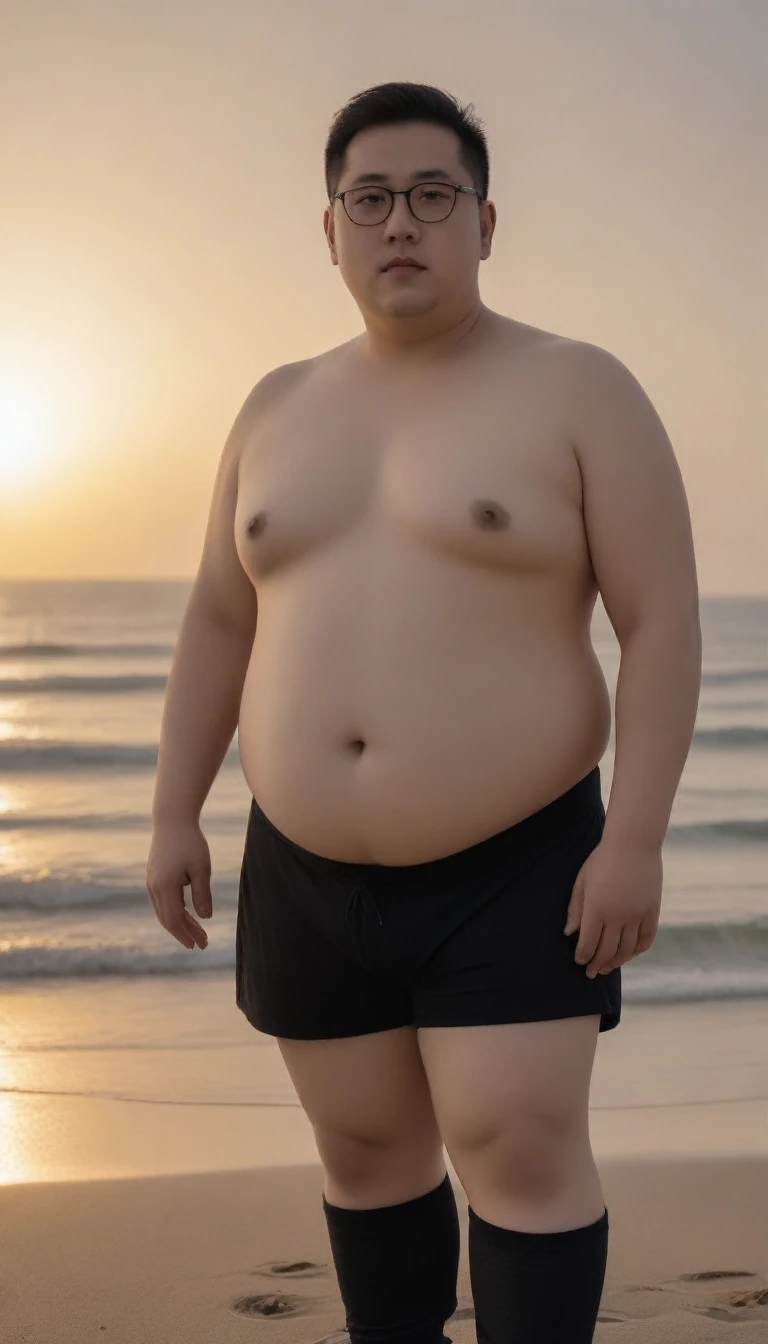 A fat man,Big eyes,Black round glasses,short hair,Round inches,Big round face,Very large and well-developed chest muscles,Big full belly,Standing on the beach far away from the sunset,The upper body is bare,Wearing briefs with bulge in the crotch,Oriental male,full-body shot
