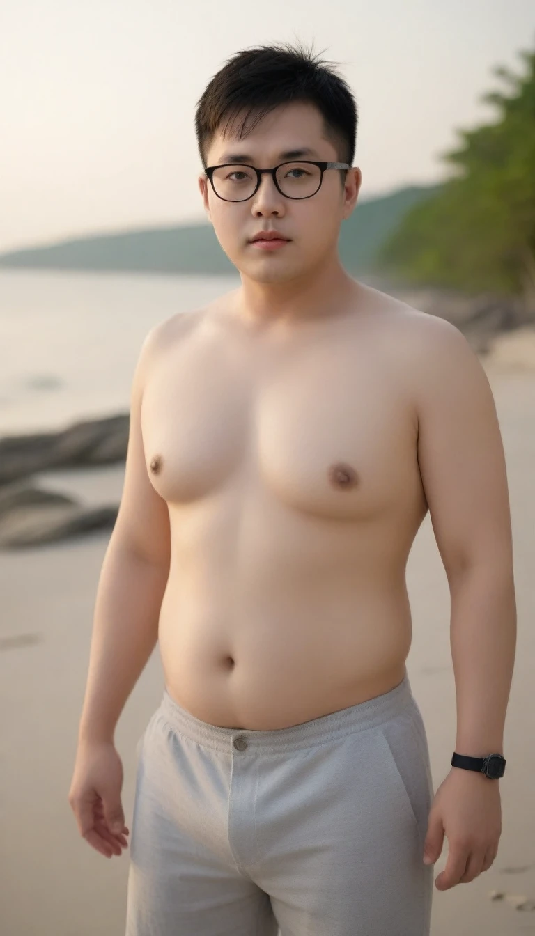 A fat man,Big eyes,Black round glasses,short hair,Round inches,Big round face,Very large and well-developed chest muscles,Big full belly,Standing on the beach far away from the sunset,The upper body is bare,Wearing briefs with bulge in the crotch,Oriental male,full-body shot
