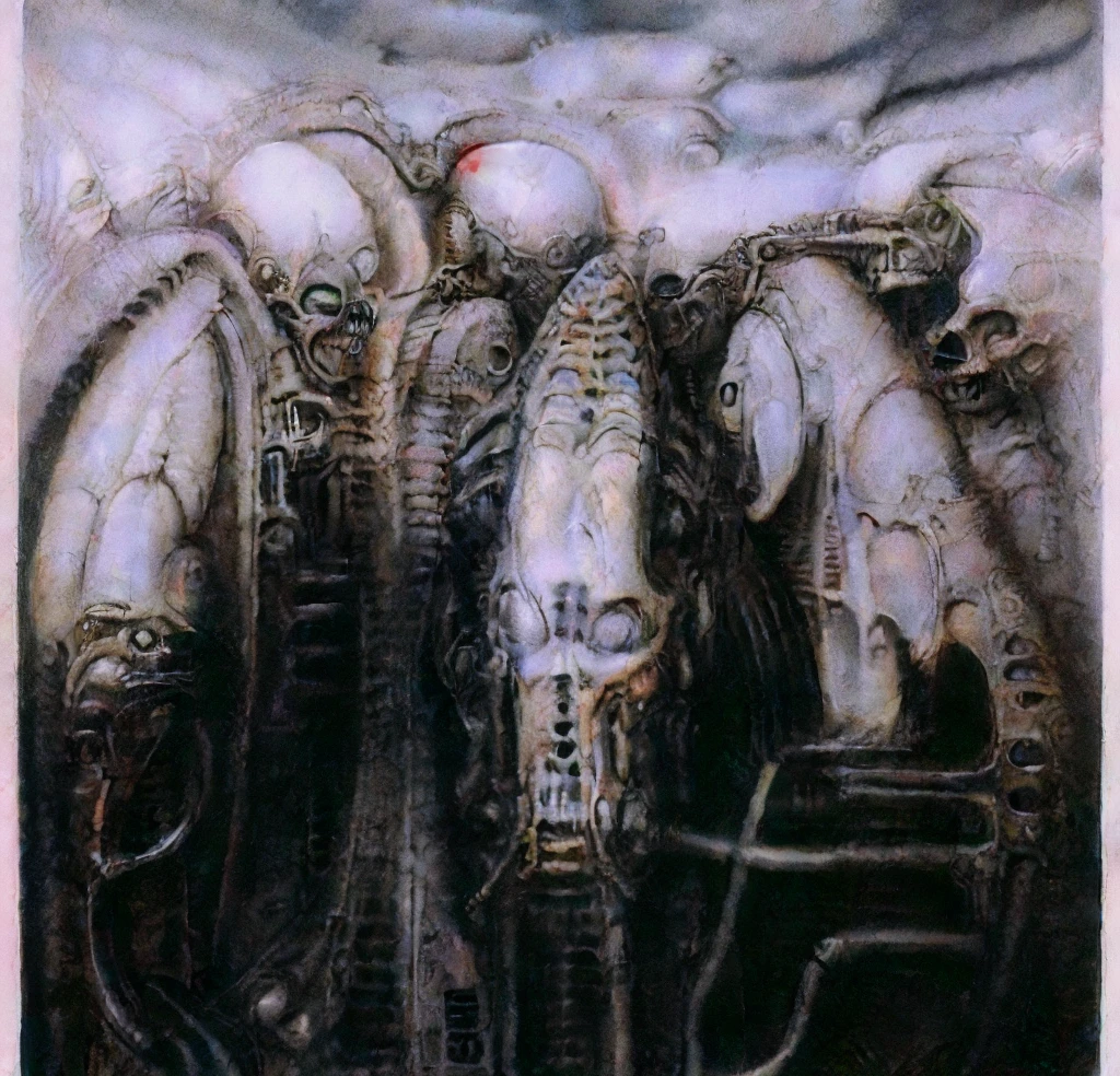 g1g3r, The image is a detailed view of H.R. Giger's biomechanical tableau \" Landscape XVI \" plate, featuring
surrealistic painting of a monster with multiple tentacles and a body that looks like a brain, surrounded by a chaotic scene of swirling clouds and other monsters.
 It's a complex network of bones and organs in eldritch color scheme:a greenish-brown hue ,swirling gery and brown colors. The artwork is silverish and green brown, with an ivory bones prominently displayed. The image is highly detailed and intricate, almost like a 3d version of a medical sketchwork.   
 
This tableau is an artwork featuring a close-up of a creature that resembles a caterpillar with a white head, surrounded by a complex network of lines and shapes.
Biomechanical landscape by Hans Rudie Giger composed of fossilized and mummified alien life forms. Image depicts a strange and eerie, combines biological and mechanical ,managed  to dreamlike quality. These shapes suggest fossilized mummified alien life forms. Central mummy structures and what appears to be a spines of ivory in the foreground are the most identifiable organic elements. The mechanical elements are evident in the wires and tubes emanating from the creatures. In the background shapes are visible that could be interpreted as other fossilized or mummified alien life.
Light source from the top highlights skeletals, upper part of foreground, lower part of image is in shadow.
The piece is a tableau, most likely created with a India ink pen or pencil on paper, determined by the thin lines, shading techniques, and the texture of the paper, which is visible around the edges.
Used is pen, given the shading and variations in line weight visible in the image. Artist have used a variety of stylus with different degrees of hardness to achieve the shading effects.
 The use of undersaturated green-grays dark contrasts creates a stark and graphic look. Is used a variety of linework techniques to create different textures.  