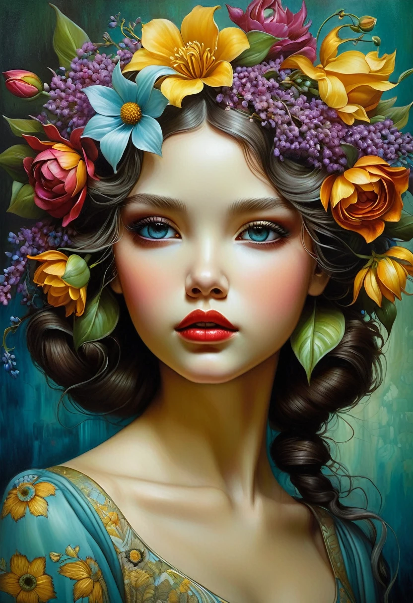 picture of a girl with flowers in her hair, inspired by James S.. Christensen, Benjamin Lacombe, hyperrealistic modern, Heather Theurer, girl with flower face, Annie Stegg Gerard, Adrian Borda, adi granov, girl with flower head, based on Victor Nizovtsev, вдохновленный Джеймсом Christensenом, karol bak uhd