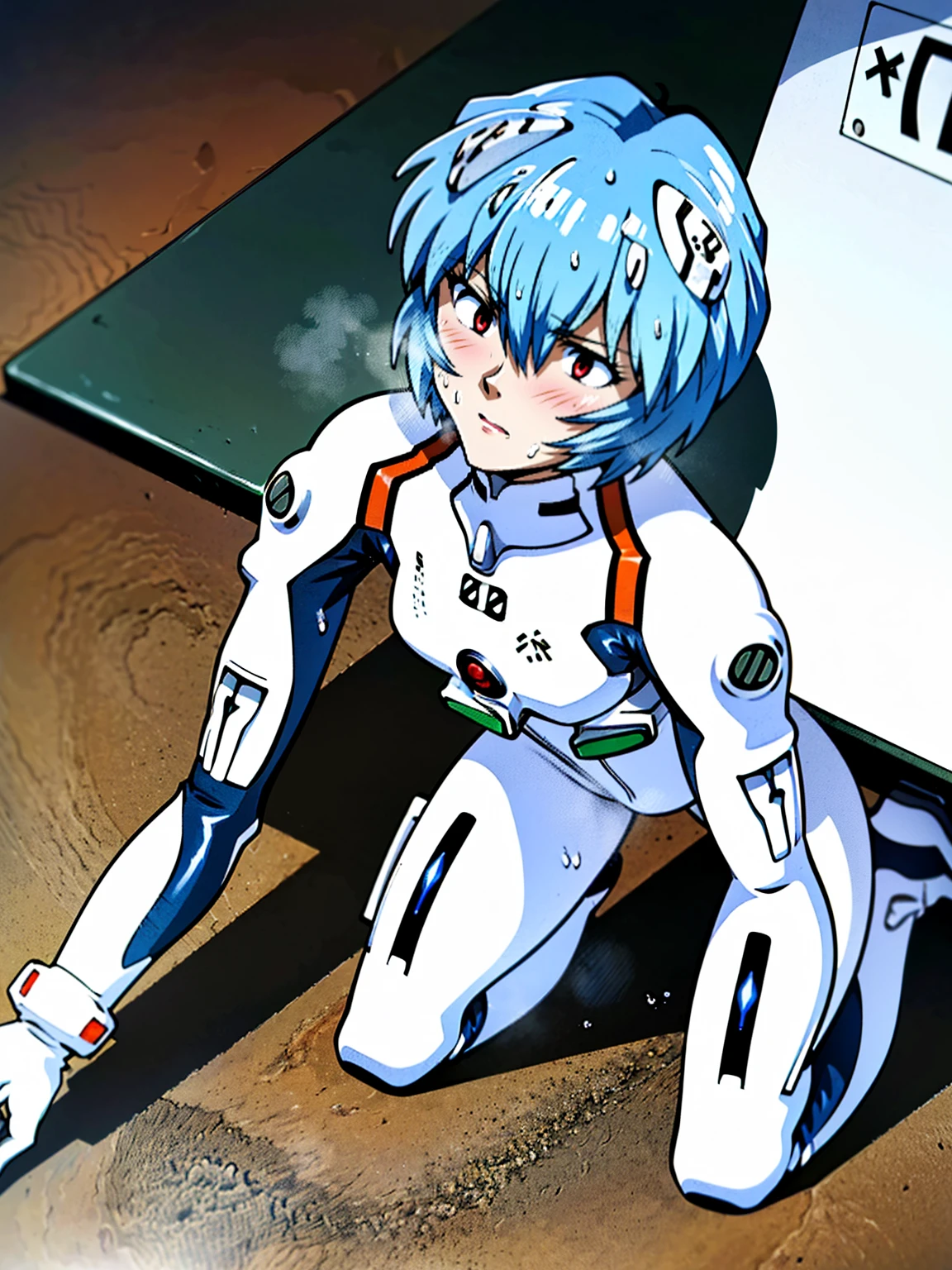 ((Highest quality, 8k wallpaper)),(masterpiece, Highest quality),Very detailed,High resolution,(Official Art:1.3),(((Anime screenshots,Black outline))),One girl,alone, Break mer1,(Rei Ayanami {Neon Genesis Evangelion,}1.2),masterpiece, best quality, outdoor, 1girl, Solo,red eyes,short hair,blue hair, (White plug suit:1.4), skin tight,(Tired look, A look of regret, Struggled, Half-closed eyes, fear, humiliation, Frightened, anxiety:1.3),(((Covered in sweat, Mass sweat, Sweating profusely,steam:1.7))), (kneeling, hands on floor:1.8), (Dirty Costume with mud,gym storeroom:1.5),(((dirty:1.4)))