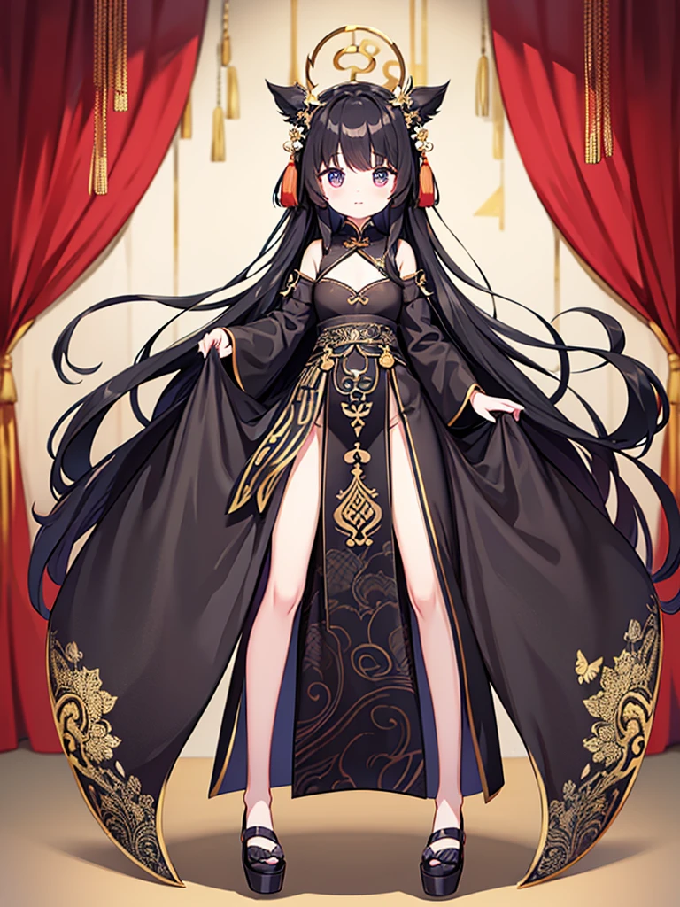 Full-body portrait、Are standing、Black Hair、Messy hair、Very long hair、Long Hair、Black revealing Chinese curtain dress