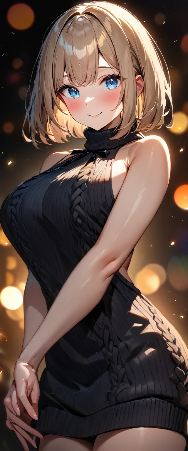 (((One girl))), blond hair, bob cut, big breasts, from front, (cowboy shot), (looking at viewer), ((black shorts)), ((black virgin killer sweater)), face in focus, teenager, head tilt:1.3, (((blue eye))), ((happy smile)), ((blush)), (()), anime style, (best quality, 4k, 8k, highres, masterpiece:1.2, ultra-detailed, ultra-detailed eyes, HDR, UHD, studio lighting, ultra-fine painting, sharp focus, physically-based rendering, extreme detail description, professional, vivid colors, bokeh)