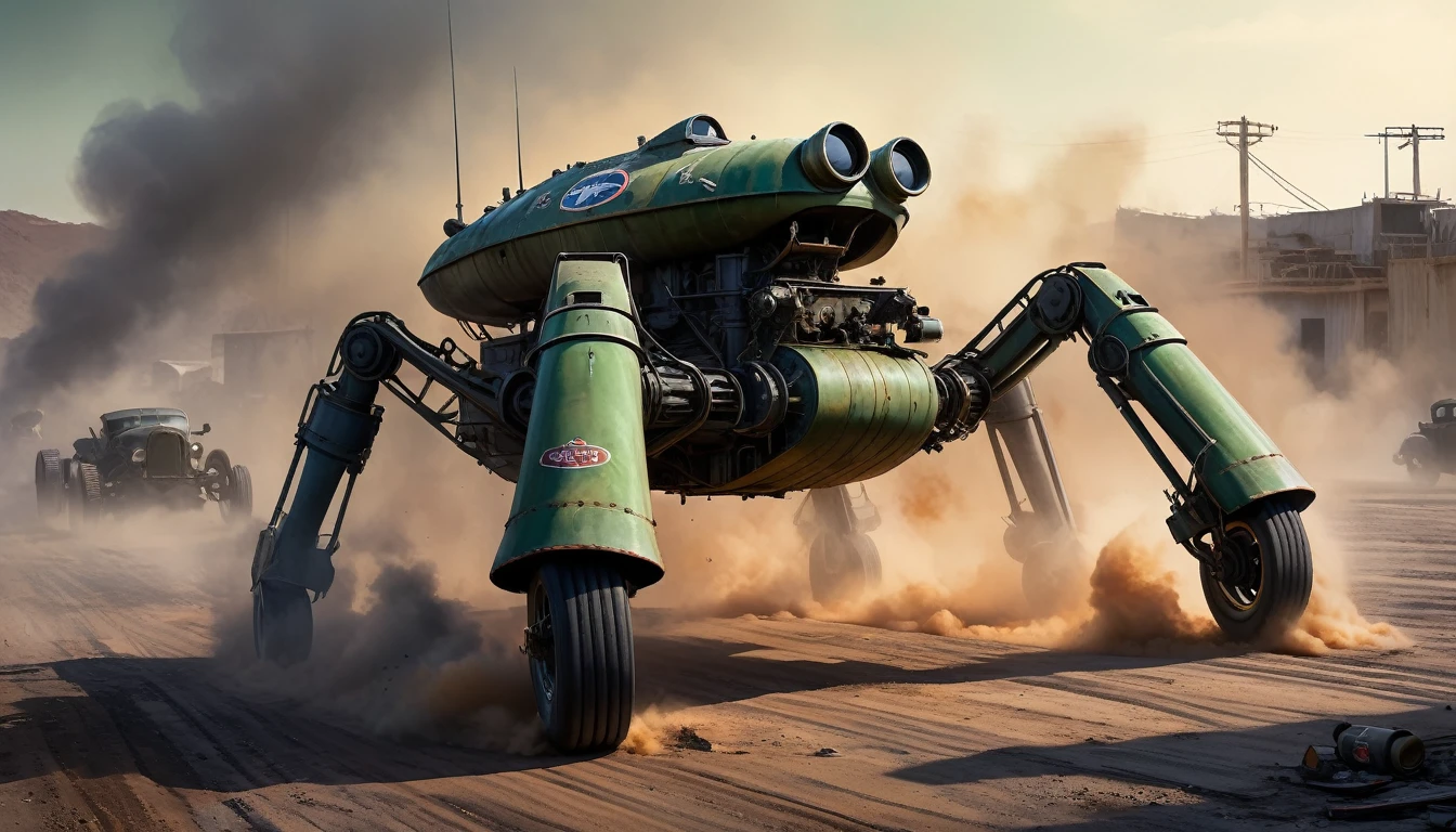 concept art, Clockworkspider tank walker from the First World War . Oil painting on trend, muted colors, slate tones, brush strokes, puffy marks, hydraulics, sharp areas next to smooth areas, dark next to light, soft next to hard, explosion of colorful paint, ridges of thick paint creating shadows and thick texture . , smoky grainy areas next to smooth open areas, a sense of three-dimensionality, abstraction of detail in color and shape, ((oily texture with clumps of paint)). . magnificent, heavenly, evil, Auto concepto, ((Rat rod)), Ford A, (f1), color verde, perfil bajo