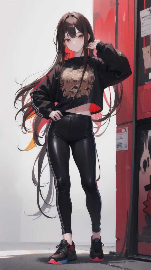 one young girl dancing, full body shot, hip hop style dancing, Better clothing, detailed clothing,
perfect clothes, realistic ultra details, black pants, black sweater, High resolution, best quality,
anime, intricate details, highly detailed face and long brown hair, detailed brown eyes, long fingers,
colourful graffiti background