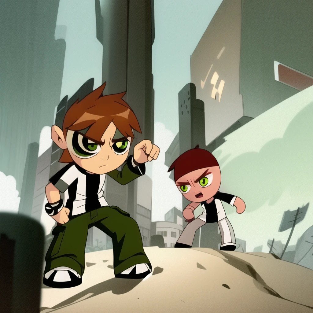 bald, bentennyson, green eyes, cargo pants, shirt, full body, 1boy , chibi,