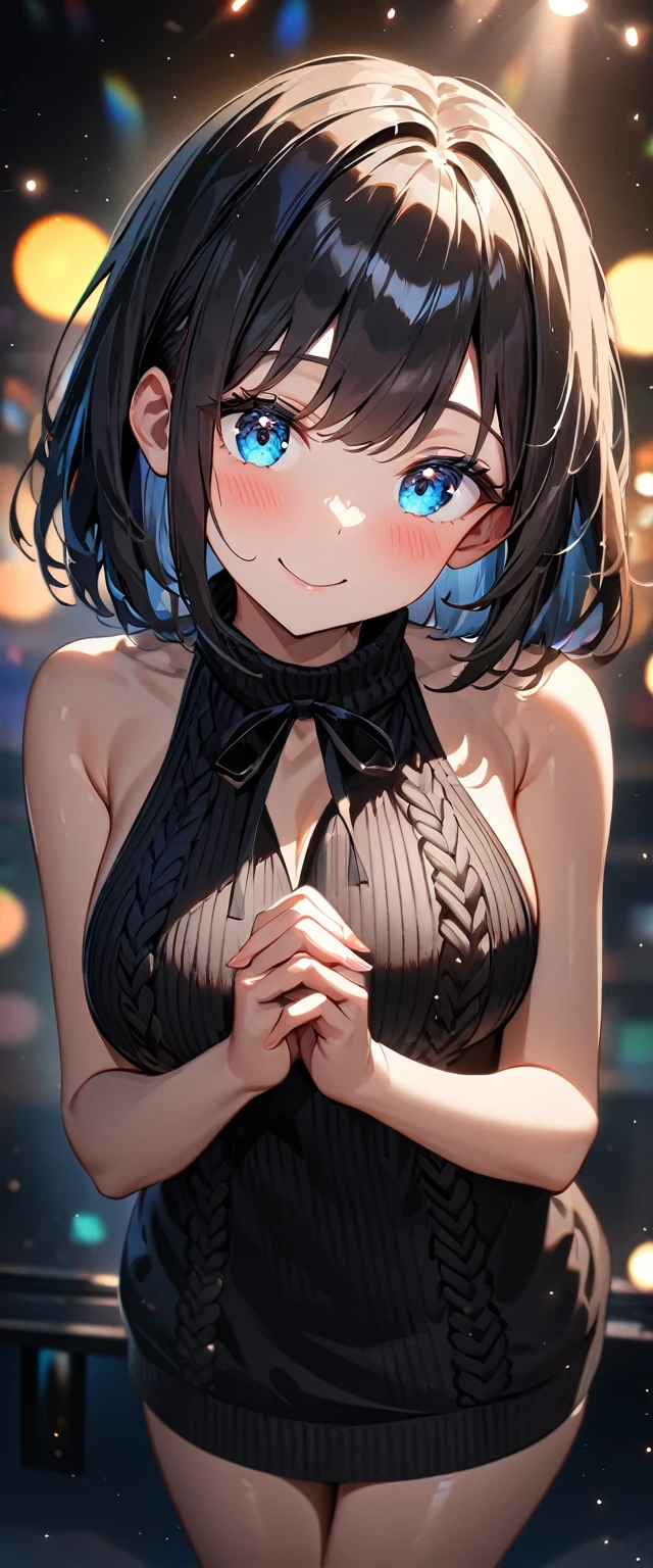 (((One girl))), blond hair, bob cut, big breasts, from side, (cowboy shot), (looking at viewer), ((black hot pants)), ((black virgin killer sweater)), face in focus, ager, head tilt:1.3, (((blue eye))), ((happy smile)), ((blush)), ((own hands together)), anime style, (best quality, 4k, 8k, highres, masterpiece:1.2, ultra-detailed, ultra-detailed eyes, HDR, UHD, studio lighting, ultra-fine painting, sharp focus, physically-based rendering, extreme detail description, professional, vivid colors, bokeh)