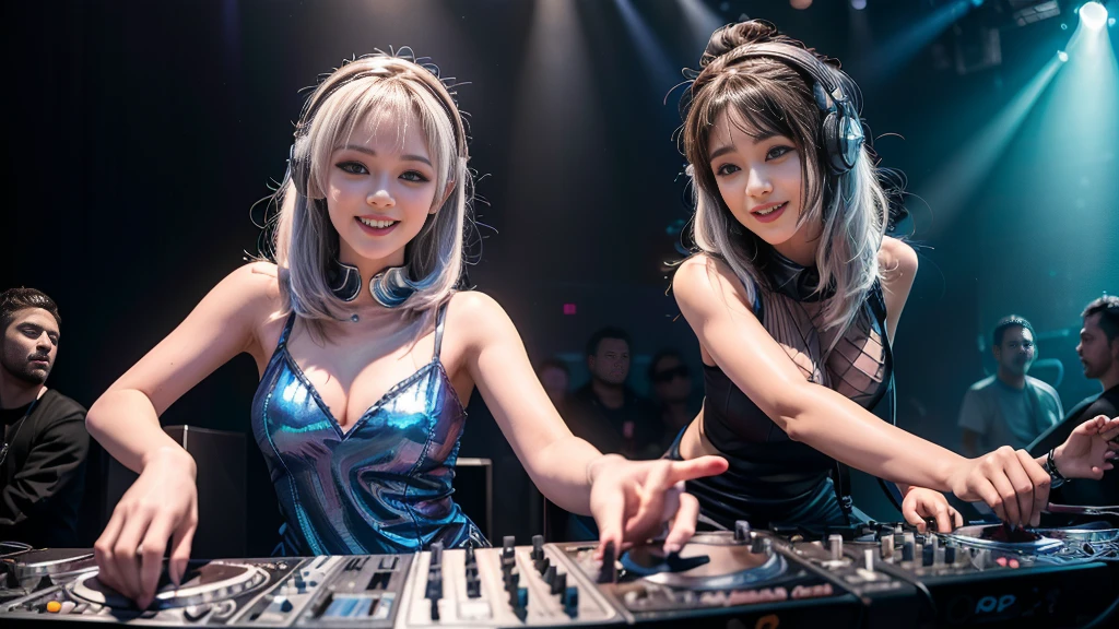 (ultra - detailed, 16K resolution, Cinema lenses, rendering by octane), (high resolution:1.18), intricate detail, (masterpiece:1.1), (highest quality:1.1), (1girl, portrait, white hair, blue eyes, short hair, detailed eyes),Wearing silver DJ headphones, Shiny silver sequined T-shirt, (Iconic hip-hop pop costumes:1.3), Smile while DJing on stage, full body shot of, The spotlight shines on the female DJ. Photorealistic photography by Disco Lighting, (cute round face:1.3), perfect fingers, five fingers, beautiful hands, perfect hands. master peace, cute smile.