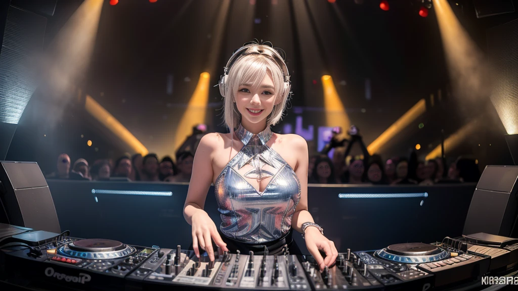 (ultra - detailed, 16K resolution, Cinema lenses, rendering by octane), (high resolution:1.18), intricate detail, (masterpiece:1.1), (highest quality:1.1), (1girl, portrait, white hair, blue eyes, short hair, detailed eyes),Wearing silver DJ headphones, Shiny silver sequined T-shirt, (Iconic hip-hop pop costumes:1.3), Smile while DJing on stage, full body shot of, The spotlight shines on the female DJ. Photorealistic photography by Disco Lighting, (cute round face:1.3), perfect fingers, five fingers, beautiful hands, perfect hands. master peace, cute smile.