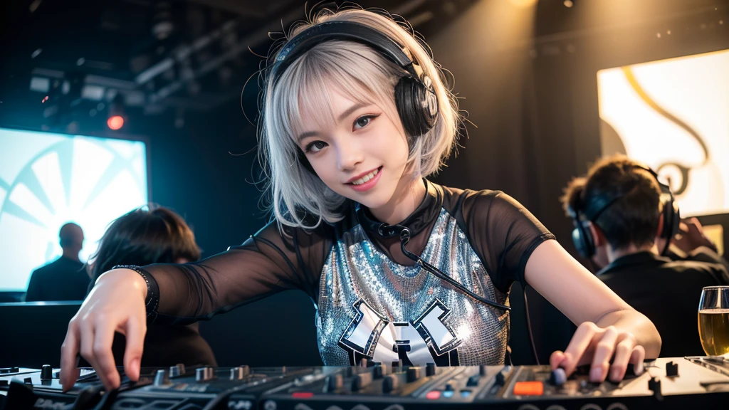 (ultra - detailed, 16K resolution, Cinema lenses, rendering by octane), (high resolution:1.18), intricate detail, (masterpiece:1.1), (highest quality:1.1), (1girl, portrait, white hair, blue eyes, short hair, detailed eyes),Wearing silver DJ headphones, Shiny silver sequined T-shirt, (Iconic hip-hop pop costumes:1.3), Smile while DJing on stage, full body shot of, The spotlight shines on the female DJ. Photorealistic photography by Disco Lighting, (cute round face:1.3), perfect fingers, five fingers, beautiful hands, perfect hands. master peace, cute smile.