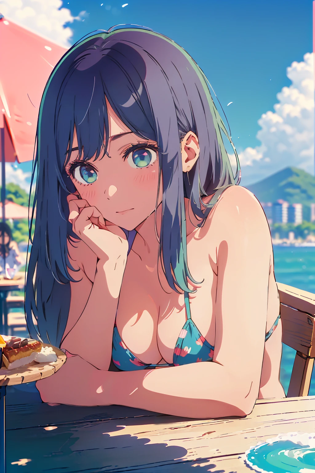 (Highest quality:1.4、masterpiece:1.4、Super detailed:1.4、8K:1.4)、F cup bust、Big Breasts、Slim body、((((1 person、Surprised expression、sit、Chair、In the background are the urban buildings of Tokyo、looking at the camera、Outdoor café terrace、coastal、Navy hair color、juice、table、Shooting up close、Very cute face))))、(Pose of putting hair behind ears with hands:1.4、Cheek resting on hand:1.4)、((nude、Areola、bikini))、Very blue sky、A completely cloudless sky、Big eyes、((((Shallow depth of field))))、Pink Lips
