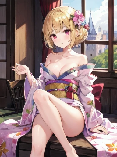 a blonde、Red eyes、Beautiful girl alone、Sexy、Princess Cut、Floral Kimono、Western-style castle、Meticulous feet、Fingers arranged neatly