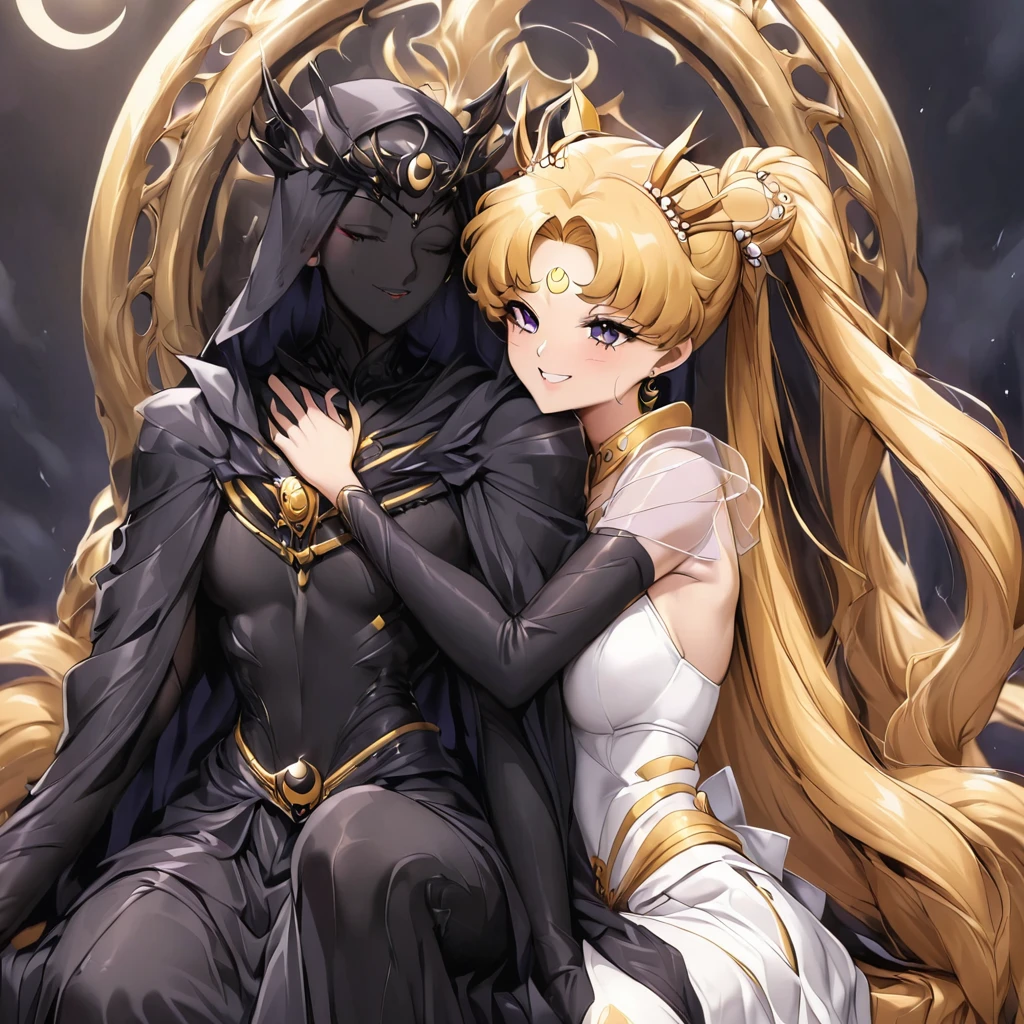 ((Highest quality)), ((masterpiece)), (detailed), (Perfect Face)、Black moon mark on forehead、The woman is Black Serenity, the noble dark queen of the Black Moon clan and has blonde hair.2The woman, Princess Serenity, has long hair tied in a ponytail and is embracing the strong and evil demon king, kissing him and getting married.、The woman has a black inverted crescent moon mark on her forehead, a gorgeous and glittering black gothic Victorian dress, a black veil and a black see-through cape, and is wearing luxurious jeweled accessories. She is the Queen of Darkness, the jet-black Princess Serenity, looking at the camera with a happy expression, and has the expression of a maiden in love.、A woman and a strong, evil demon king man embrace each other, kiss each other and get married.