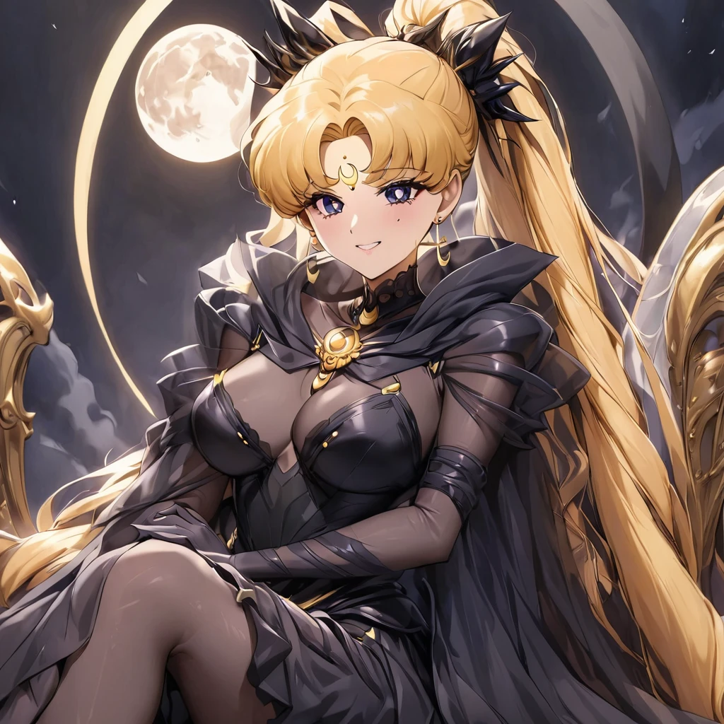 ((Highest quality)), ((masterpiece)), (detailed), (Perfect Face)、Black moon mark on forehead、The woman is Black Serenity, the noble dark queen of the Black Moon clan and has blonde hair.2The woman, Princess Serenity, has long hair tied up in a ponytail and is sitting on a large throne, hugging and kissing the majestic and powerful Black Moon King.、The woman has a black inverted crescent moon mark on her forehead, a gorgeous and glittering black gothic Victorian dress, a black veil and a black see-through cape, and is wearing luxurious jeweled accessories. She is the Queen of Darkness, the jet-black Princess Serenity, looking at the camera with a happy expression, and has the expression of a maiden in love.、The man is a majestic and powerful black moon king embracing and kissing a woman.