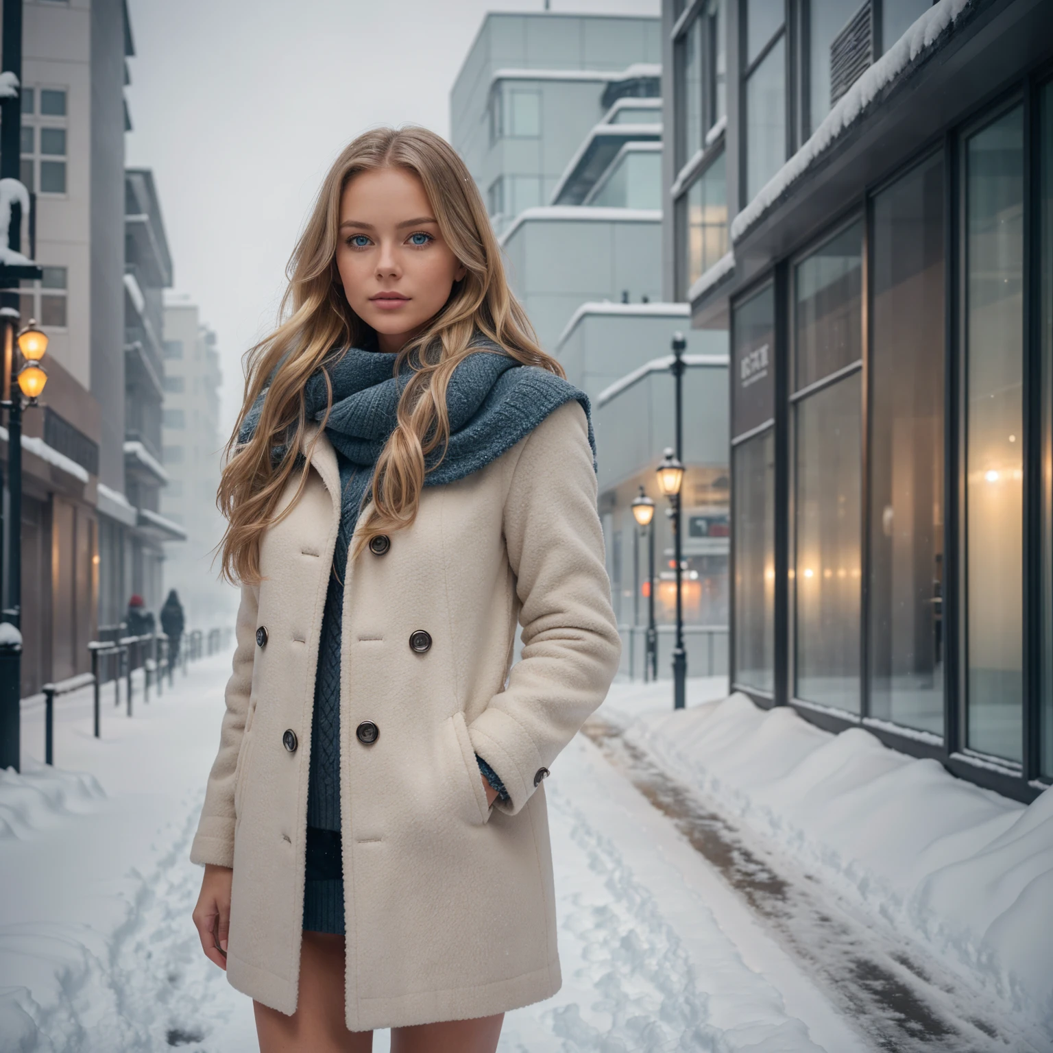professional portrait photograph of a gorgeous 22 year,Norwegian girl Lise Olsen in winter clothing with long wavy blonde hair,blue eye,sultry flirty look, gorgeous symmetrical face, cute natural makeup, wearing elegant warm winter fashion clothing, ((standing outside in snowy city street)), stunning modern urban environment, ultra realistic, concept art, elegant, highly detailed, intricate, sharp focus, depth of field, f/1. 8, 85mm, medium shot, mid shot, (((professionally color graded))), bright soft diffused light, (volumetric fog), trending on instagram, hdr 4k, 8k
