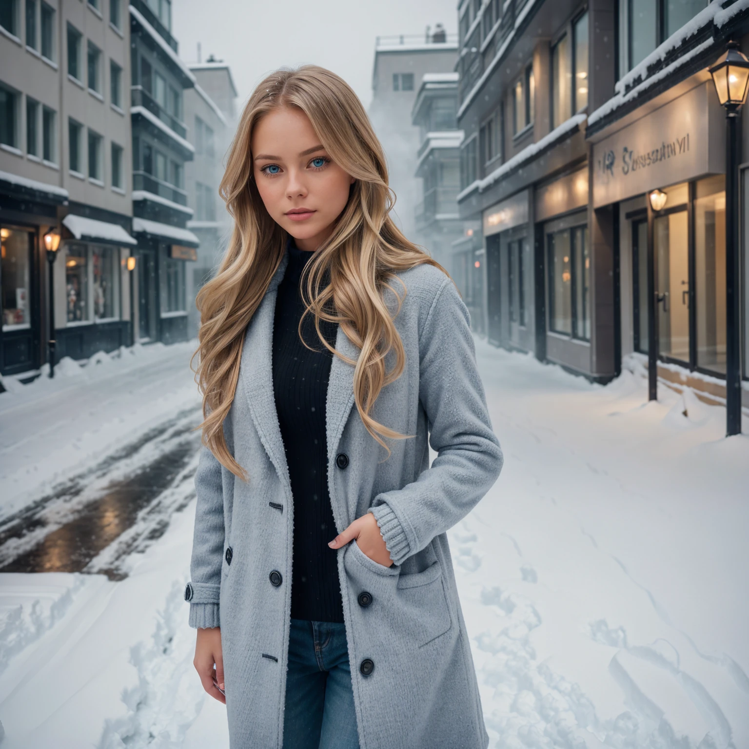 professional portrait photograph of a gorgeous 22 year,Norwegian girl Lise Olsen in winter clothing with long wavy blonde hair,blue eye,sultry flirty look, gorgeous symmetrical face, cute natural makeup, wearing elegant warm winter fashion clothing, ((standing outside in snowy city street)), stunning modern urban environment, ultra realistic, concept art, elegant, highly detailed, intricate, sharp focus, depth of field, f/1. 8, 85mm, medium shot, mid shot, (((professionally color graded))), bright soft diffused light, (volumetric fog), trending on instagram, hdr 4k, 8k
