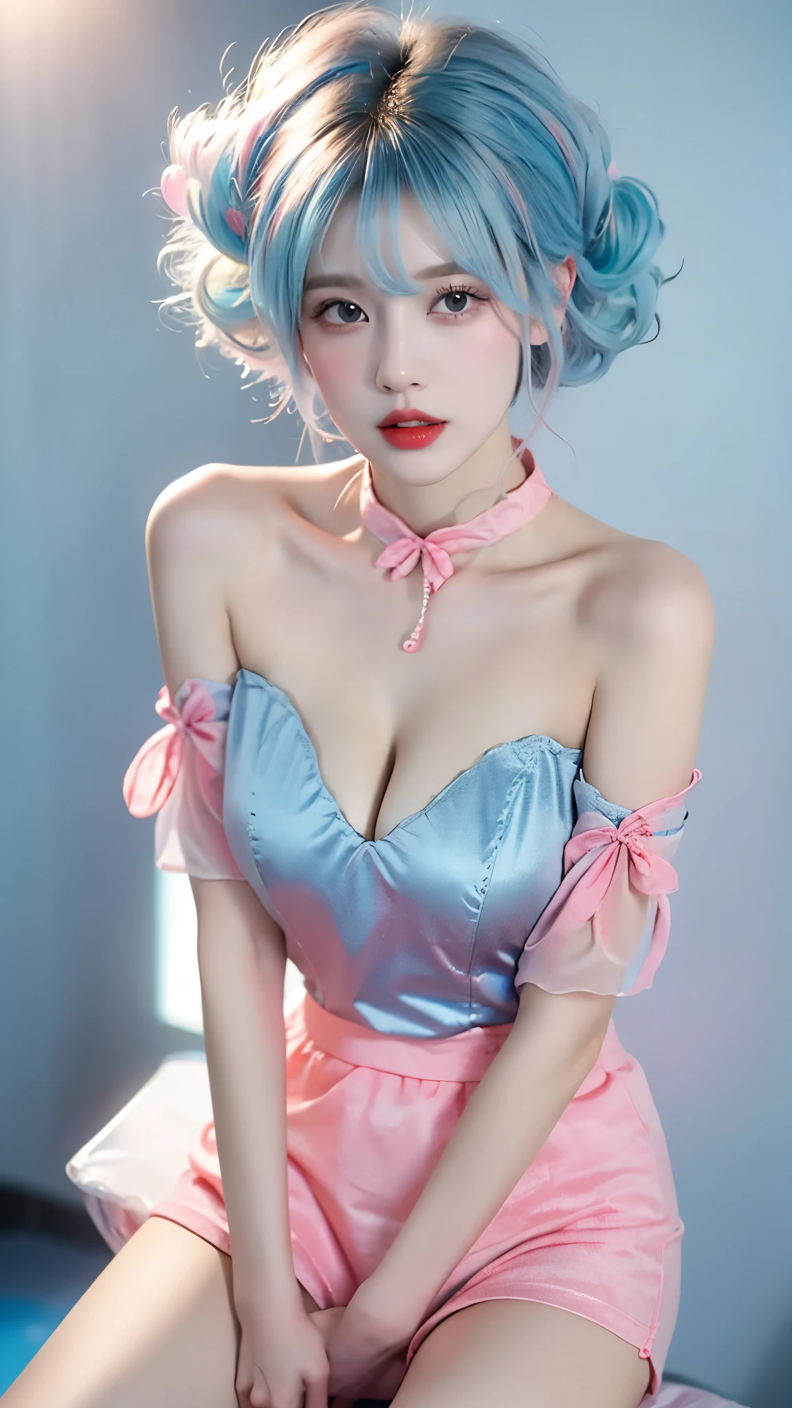 see-through,bare shoulders, ((knee shot)),（masterpiece、best quality、high resolution），((realistic)),（Colored background)，（Splash of Color），Sweet girl，Light Blue和白色的长发，(Light Blue, Pink hair)，curls，shiny，((Visible cleavage)), ((I-type Valley)), ((E-cup)), Red and pink lips，The crack is relatively large，Splash of Color，Volumetric Lighting，Full breasts, Elegant Posture, Sexy slender legs