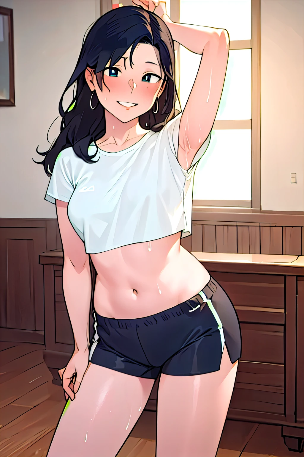 (masterpiece, best quality:1.2),  ntrman, 1girl, solo, dolphin shorts, shorts, shirt, navel, long hair, black shorts, blue eyes, white shirt, looking at viewer, short sleeves, holding, cowboy shot, midriff, breasts, crop top overhang, short shorts, arm up, parted lips, black hair, indoors, crop top, standing, smile, stomach, thighs, bottle, bangs, armpits, sweat