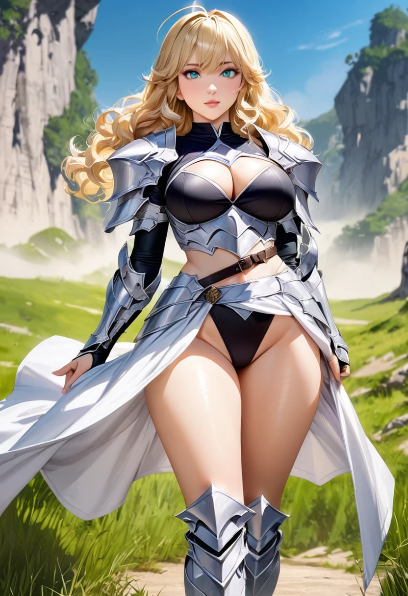 ((highest quality)), ((masterpiece)), ((hyperrealistic)), (detailed background), solo, 1girl, ((curvy: 1.2)), kawaii, ((armored dress: 1.3)), Blonde berry long wavy hair, Ahoge, (paladin magic armor), ((black tight-fitting leotard bodysuit)), ((large breasts)), ((arm guard gauntlet)), (breastplate), belt waist armor, ((zettai ryouiki knee socks boots)), (big butt), (cleavage cutout), (Groin), (thighs), beautiful aqua eyes, perfect face, Perfect hands, perfect fingers, Blue sky and grassland,