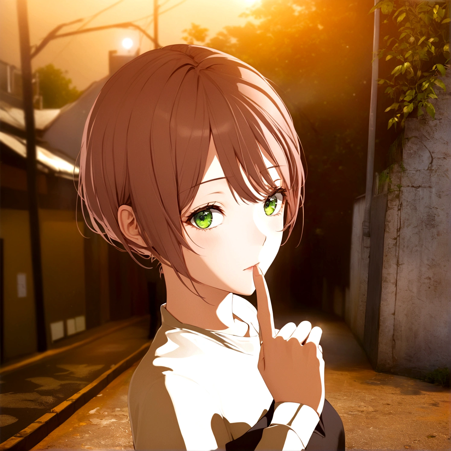 Hold up the index finger of your right hand、Close your left eye、anime girl with brown hair and green eyes standing on a street, realistic anime 3 d style, smooth anime cg art, made with anime painter studio, anime style. 8K, anime. Soft lighting, anime styled 3d, semirealistic anime style, photorealistic anime girl render, painted in anime painter studio, realistic young anime girl, semi realistic anime