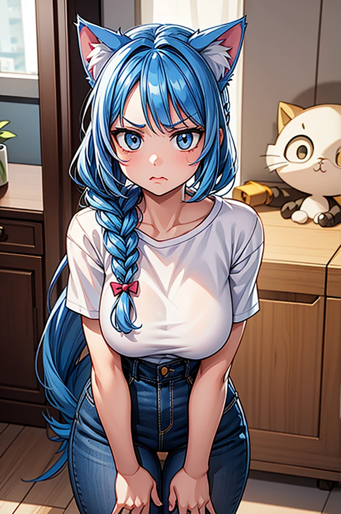 1 female, little kid cat girl, realistic lips oversized white t-shirt going all the way to the thighs, arms crossed under breast, hourglass figure, white eyes, french braid, blue hair, annoyed, cat ears, in an apartment, best quality
