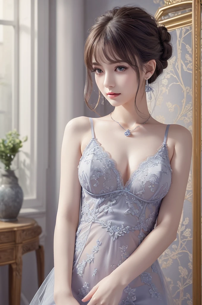 darkblue lace thong&Good, (((Very elegant and beautiful, Perfect detail, Super detailed))), whole body, The most detailed girl, Depth of written boundary, 美しく詳細なwhole body, Thin legs, 1 girl, 30 years old, Very short hair, Spiked Hair, Gray and silver hair, Beautiful detailed hair, Perfect Face, Expressionless, Beautifully detailed deep eyes, Open your mouth a little, Delicate arms and hands, Pale skin, Earrings, Beautiful and gorgeous necklace, Colorful background, HD background, Blurred Background, Very delicate and beautiful, Masterpiece, (((Highest quality, Very beautiful 8K CG wallpaper))), (((Trendy hairstyles))), (Inside the room,Stylish interior,window),