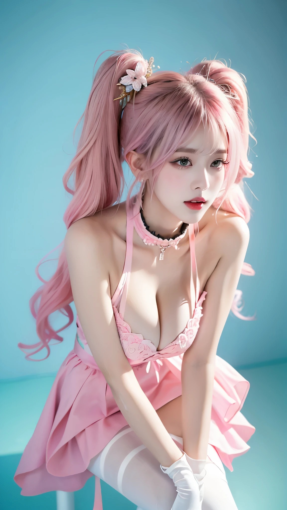 1girl,pink hair, long hair,twintails,hair rings,hair ornament,forehead jewel,brown eyes,detached collar,dress,bare shoulders, tassel,white gloves, white pantyhose, ((knee shot)),（masterpiece、best quality、high resolution），((realistic)),（Colored background)，（Splash of Color），Sweet girl，Light Blue和白色的长发，(Light Blue, Pink hair)，curls，shiny，((Visible cleavage)), ((I-type Valley)), ((E-cup)), Red and pink lips，The crack is relatively large，Splash of Color，Volumetric Lighting，Full breasts, Elegant Posture, Sexy slender legs