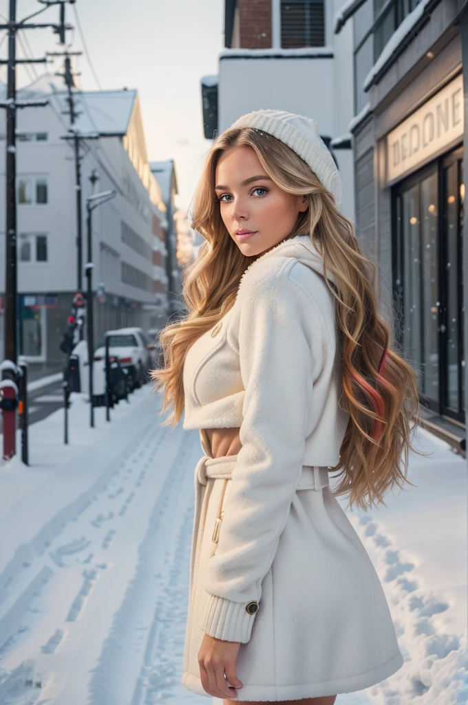 professional portrait photograph of a gorgeous Norwegian girl in winter clothing with long wavy blonde hair, sultry flirty look, gorgeous symmetrical face, cute natural makeup, wearing elegant warm winter fashion clothing, ((standing outside in snowy city street)), stunning modern urban environment, ultra realistic, concept art, elegant, highly detailed, intricate, sharp focus, depth of field, f/1. 8, 85mm, medium shot, mid shot, (((professionally color graded))), bright soft diffused light, (volumetric fog), trending on instagram, hdr 4k, 8k, she is naked with big ass and big