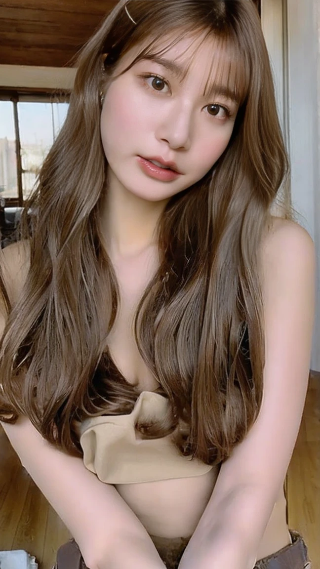 Long hair with long and large waves up to the buttocks lingerie Brown hair Colossal tits A big smile