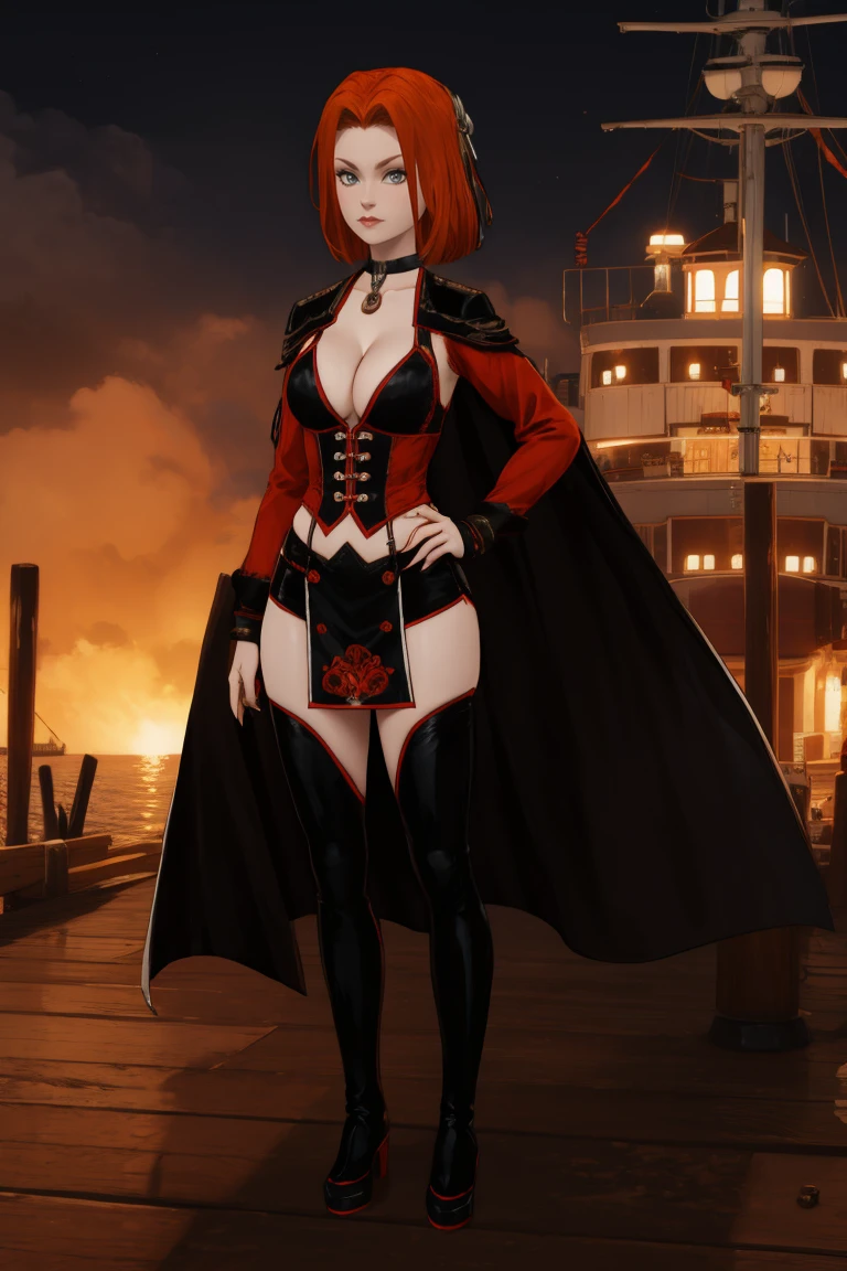 A stunning female rayneclassic stands poised on the weathered deck of a majestic ship at night in Miami. Her porcelain skin glows softly, illuminated by the warm light of the loghthouse. Delicate features and raven tresses frame her enigmatic smile as she gazes out to sea, the wind gently tousling her locks, (((wearing short skirt with long cloak and high boots, medium breasts, cleavage,))), short red hair, looking at the viewer, smiling, closeup portrait, good hands, short hair, red hair