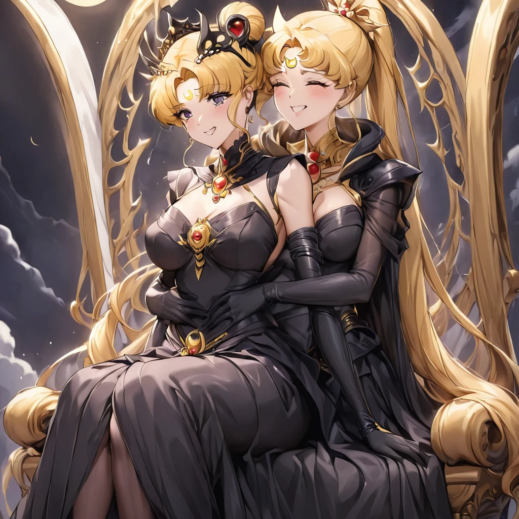 ((Highest quality)), ((masterpiece)), (detailed), (Perfect Face)、Black moon mark on forehead、The woman is Black Serenity, the noble dark queen of the Black Moon clan and has blonde hair.2The woman, Princess Serenity, has long hair tied up in a ponytail and is sitting on a large throne, hugging and kissing the majestic and powerful Dark Moon King.、The woman has a black inverted crescent moon mark on her forehead, a gorgeous and glittering black gothic Victorian dress, a black veil and a black see-through cape, and is wearing luxurious jeweled accessories. She is the Queen of Darkness, the jet-black Princess Serenity, looking at the camera with a happy expression, and has the expression of a maiden in love.、The man is a majestic and powerful dark king embracing and kissing a woman.