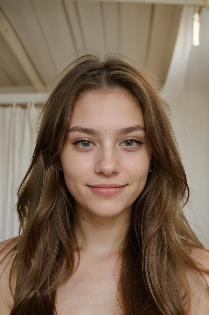 Create a picture of a twenty-year-old girl. ((Have a natural and attractive face)) (Her hair should be blonde with brown stems) (Long hair) (Her eyes are a natural light color) A charming smile on her lips and in a beautiful house with a light background. His face lit up. The girl should not look at the camera. Her image should be fully displayed (girl with light makeup) without retouching and effects. Naked in bed