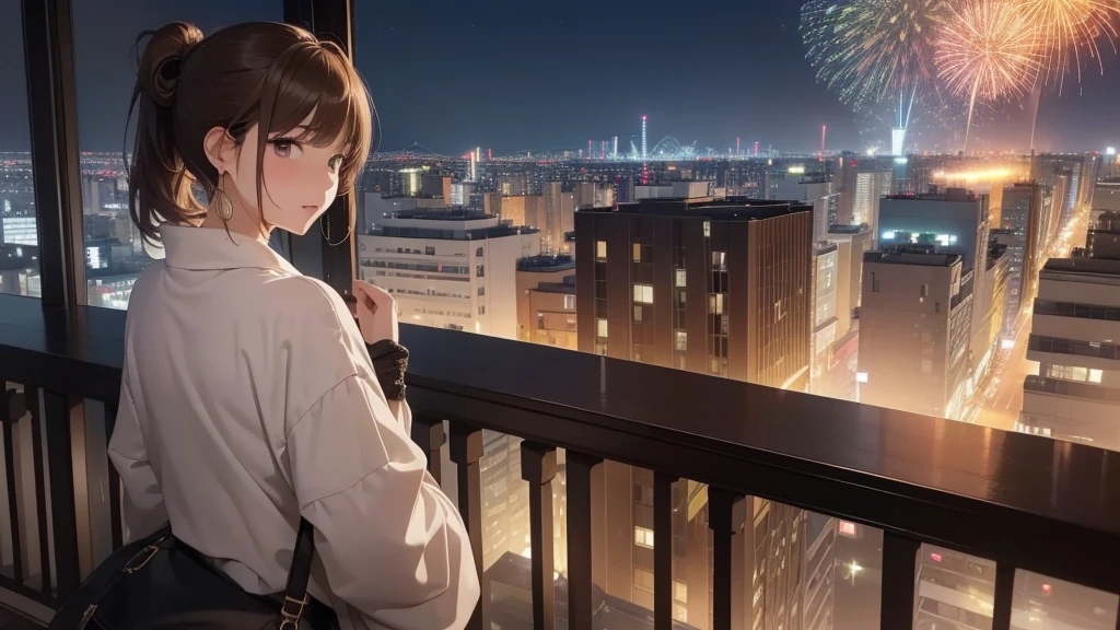 (Very detailed,High resolution,masterpiece:1.2）Night view from the balcony or terrace of a high-rise apartment building in Japan, You can see big fireworks。 Focus on women in their 20s to 40s with calm expressions. Light brown hair. She is wearing a jacket over a long-sleeved top.、Earring Accessories, bracelet, clock. .(Highest quality:1.2), Very detailed, High resolution, Tabletop:1,2, Vibrant colors, Bokeh, Professional Lighting, Physically Based Rendering, Flat Color:0.8, Fine 図, Realistic:1.37, Shinkai Makoto style, Your name style, Light brown hair, Elegant update,ponytail,Bun Hair。。(masterpiece: 1,2)、(masterpiece: 1,2)、High resolution、超High resolution、Highest quality、High resolution、