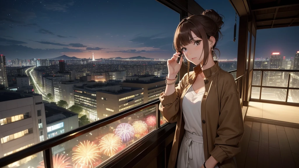 (Very detailed,High resolution,masterpiece:1.2)Night view from the balcony or terrace of a high-rise apartment building in Japan, You can see big fireworks。 Focus on women in their 20s to 40s with calm expressions. Light brown hair. She is wearing a jacket over a long-sleeved top.、Earring Accessories, bracelet, clock. .(Highest quality:1.2), Very detailed, High resolution, Tabletop:1,2, Vibrant colors, Bokeh, Professional Lighting, Physically Based Rendering, Flat Color:0.8, Fine 図, Realistic:1.37, Shinkai Makoto style, Your name style, Light brown hair, Elegant update,ponytail,Bun Hair。。(masterpiece: 1,2)、(masterpiece: 1,2)、High resolution、超High resolution、Highest quality、High resolution、