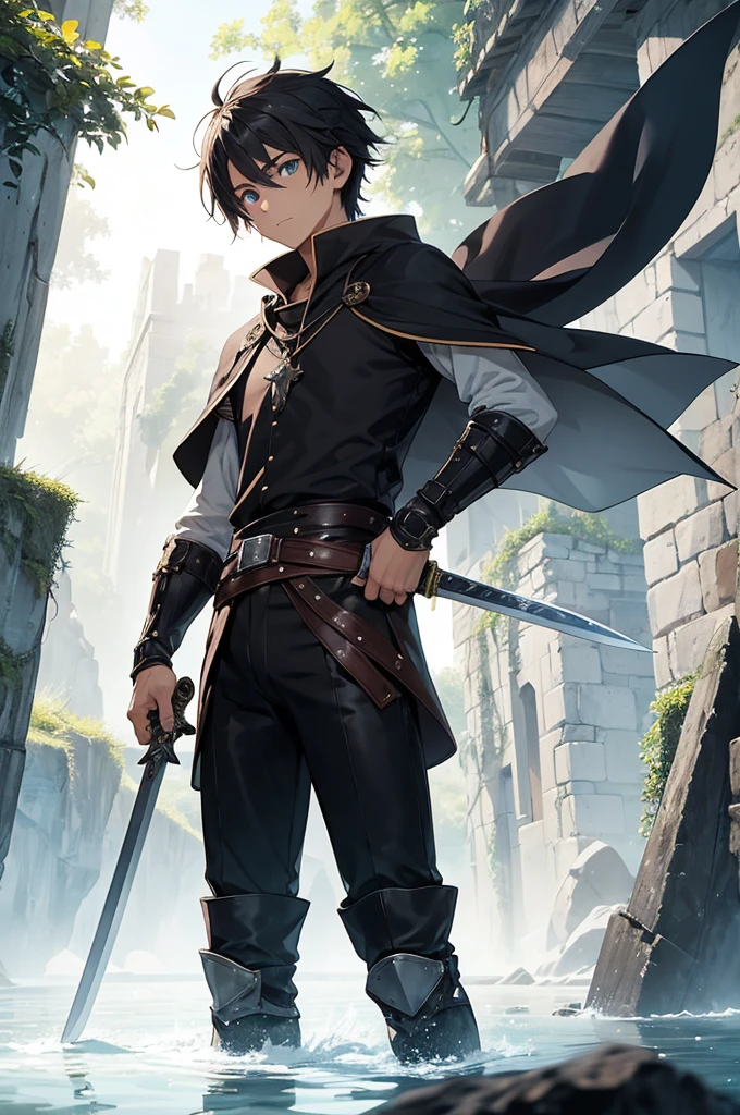 Satoshi is a -yeld bon a medieval fantasy world.. He has a slim build and a youthful appearance.. His hair is dark and disheveled., falling freely on his face as he ventures into unknown lands.
He wears a long white medieval shirt that reaches the middle of his thighs., with a triangular badge on the chest tied in the shape of an X by two threads. His black pants are tight and made of resistant fabric., combining with long leather boots that protect your legs on your trips through the countryside and forests.
He wears a leather belt adorned with intricate details, where a sword rests in its sheath on the left side, always ready for action. Satoshi has a determined and curious look, reflecting your desire to explore and discover the secrets of this fantastic world.
His eyes, of a deep and penetrating color, They carefully observe their surroundings, while his sword symbolizes his readiness for any challenge he may encounter on his path to the adventure and destiny that awaits him..