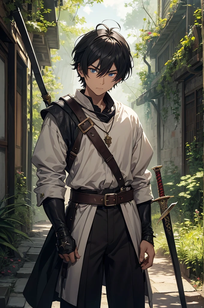 Satoshi is a 17-year-old boy in a medieval fantasy world.. He has a slim build and a youthful appearance.. His hair is dark and disheveled., falling freely on his face as he ventures into unknown lands.

He wears a long white medieval shirt that reaches the middle of his thighs., with a triangular badge on the chest tied in the shape of an X by two threads. His black pants are tight and made of resistant fabric., combining with long leather boots that protect your legs on your trips through the countryside and forests.

He wears a leather belt adorned with intricate details, where a sword rests in its sheath on the left side, always ready for action. Satoshi has a determined and curious look, reflecting your desire to explore and discover the secrets of this fantastic world.

His eyes, of a deep and penetrating color, They carefully observe their surroundings, while his sword symbolizes his readiness for any challenge he may encounter on his path to the adventure and destiny that awaits him..