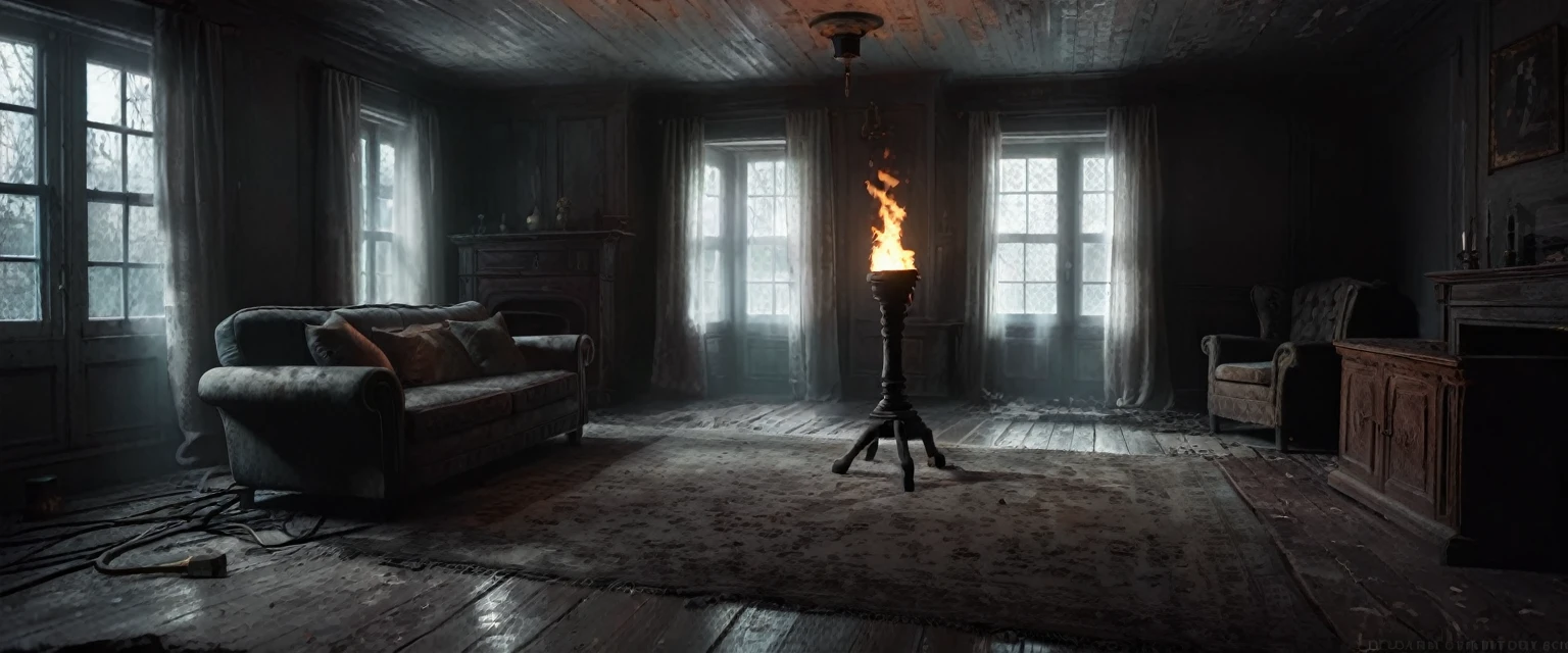 Create the atmosphere of an abandoned old house living room in the middle of the night. The room should have dusty, scattered and worn furniture. the light source is a wooden torch, which casts flickering shadows and adds to the gloomy, gloomy atmosphere. (8K, high detail, contrast, clear, focus, sharp)