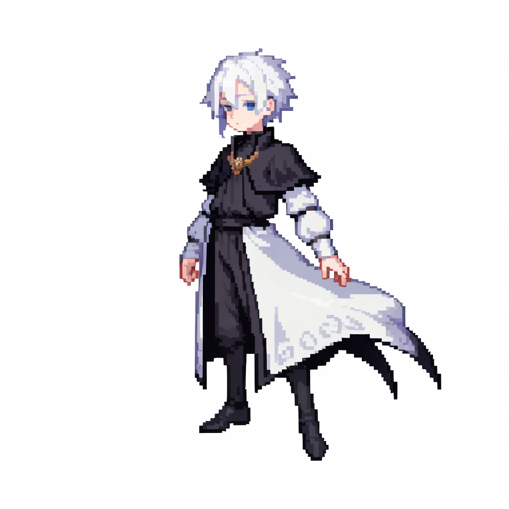 masterpiece , best quality , pixel art , 1 boy , Clothes of the nobility of the Middle Ages
,Wearing black clothing, full body , white background,A well-bred beautiful boy , White hair, pale blue eyes , The year is 15 years old ,Four heads tall