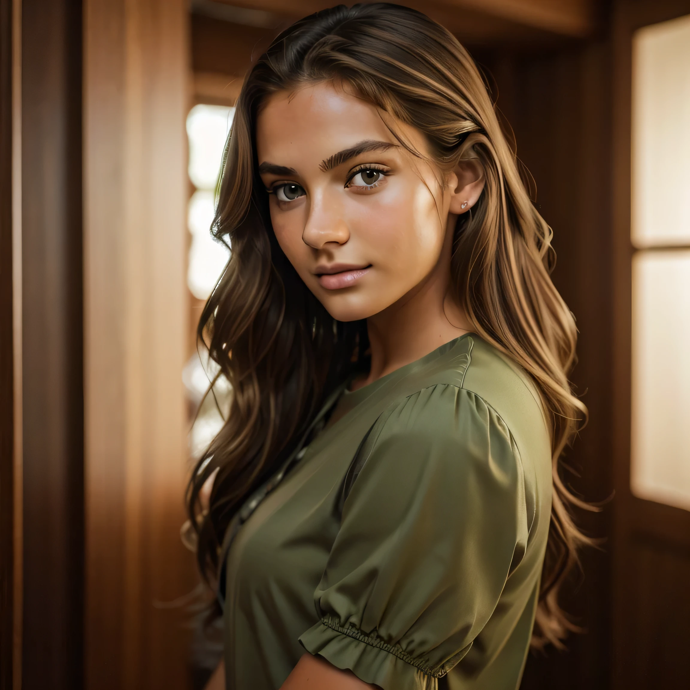 jp_style person, portrait of the beautiful teenage model, wavy brown hair with blonde highlights, deep green eyes, very tanned textured skin, puffed sleeved shirt, (8k, RAW photo, best quality, masterpiece: 1.2), (realistic, photorealistic: 1.37), ultra detailed, (high detail skin: 1.2), 8k uhd, DSLR, soft lighting, high quality, film grain, Fujifilm XT3, Professional lighting,full body