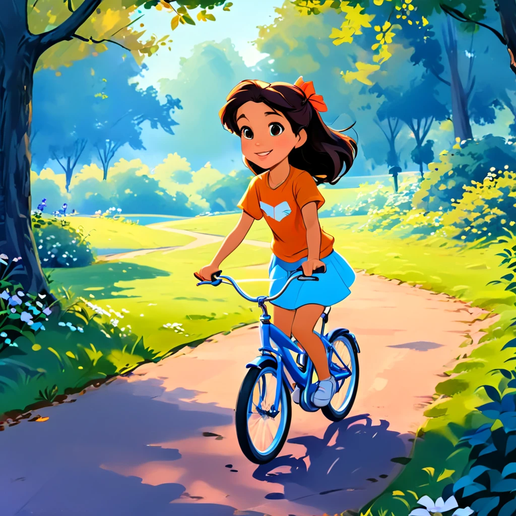 a cute 10 years old girl is riding a bike in a park, highres, high quality, masterpiece, amazing, beautiful, breathtaking, astonishing, brilliant, incredible,