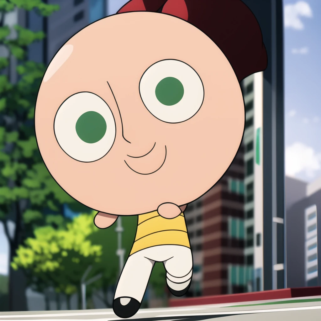 bald, saitama, one punch, white shirt, cute smile, full body, 1boy , chibi, green eyes,