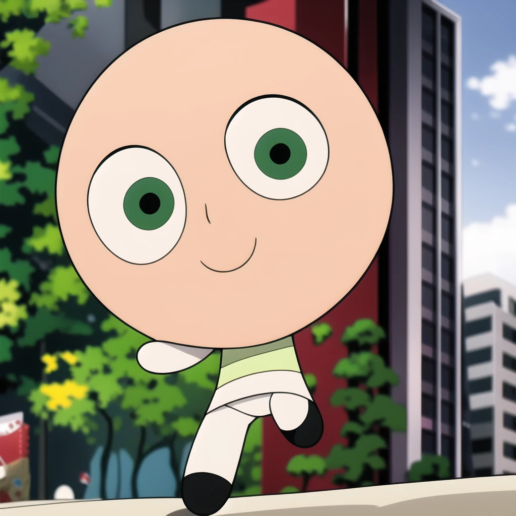 bald, saitama, one punch, white shirt, cute smile, full body, 1boy , chibi, green eyes, 