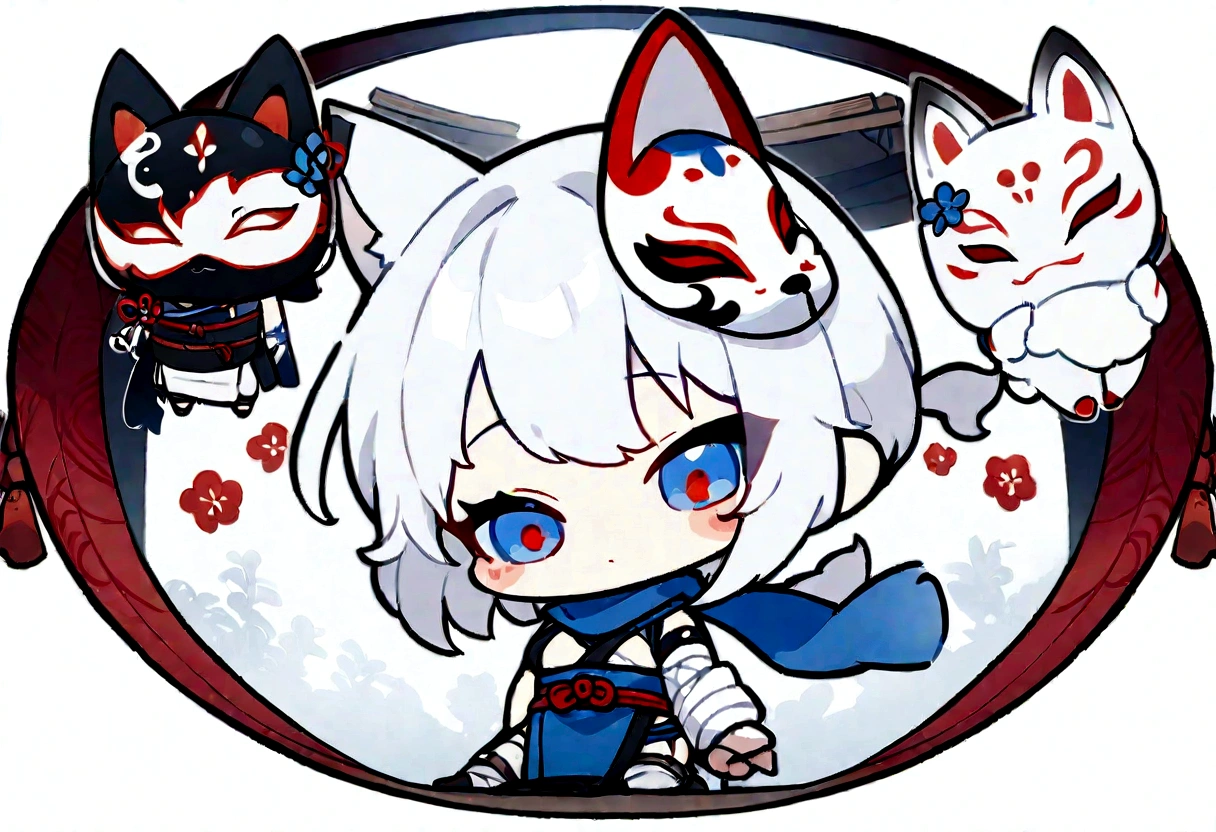Black Hai Niso。solo、1 person、whole body、Fall down、sleep、sleep、Stickers、White Gauntlet、chibi,No sleeve、Bleaching、(masterpiece, best quality:1.2), 1girl, 独奏,Wolf girl, fox mask, ninja, girl, white hair, odd eyes, blue kimono, ninja girl, red and blue scarf,Chibi Character、White background, fantastic atmosphere.White background、、Black fox mask、Fisheye Lens、hair、Bandage on chest、boy、Black fox mask、Blue