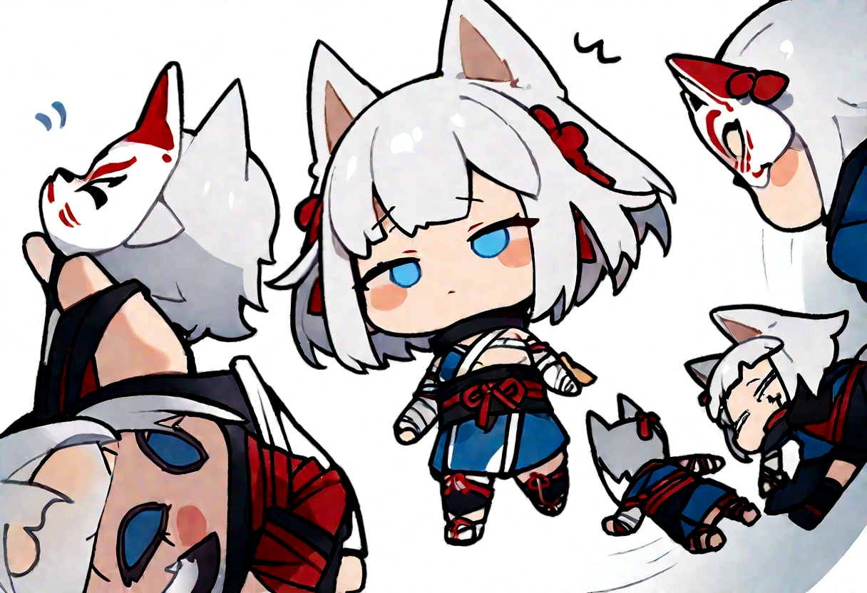 solo、1 person、whole body、Fall down、sleep、sleep、Stickers、White Gauntlet、chibi,No sleeve、Bleaching、(masterpiece, best quality:1.2), 1girl, 独奏,Wolf girl, fox mask, ninja, girl, white hair, odd eyes, blue kimono, ninja girl, red and blue scarf,Chibi Character、White background, fantastic atmosphere.White background、、Black fox mask、Fisheye Lens、hair、Bandage on chest、boy、Black fox mask、Blue Bondage