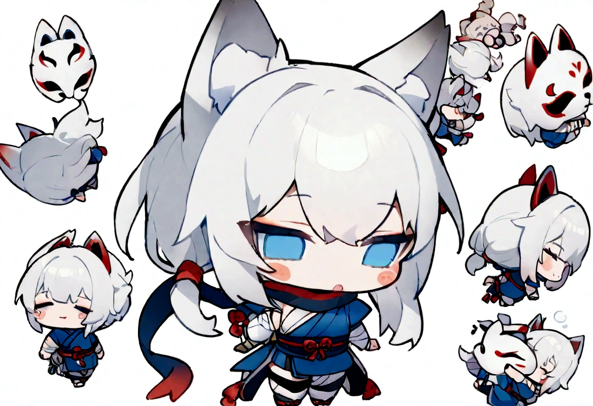 solo、1 person、whole body、Fall down、sleep、sleep、Stickers、White Gauntlet、chibi,No sleeve、Bleaching、(masterpiece, best quality:1.2), 1girl, 独奏,Wolf girl, fox mask, ninja, girl, white hair, odd eyes, blue kimono, ninja girl, red and blue scarf,Chibi Character、White background, fantastic atmosphere.White background、、Black fox mask、Fisheye Lens、hair、Bandage on chest、boy、Black fox mask、Blue Bondage