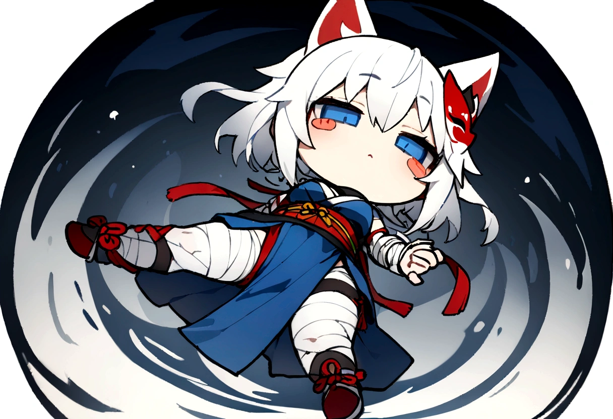 solo、1 person、whole body、Fall down、sleep、sleep、Stickers、White Gauntlet、chibi,No sleeve、Bleaching、(masterpiece, best quality:1.2), 1girl, 独奏,Wolf girl, fox mask, ninja, girl, white hair, odd eyes, blue kimono, ninja girl, red and blue scarf,Chibi Character、White background, fantastic atmosphere.White background、、Black fox mask、Fisheye Lens、hair、Bandage on chest、boy、Black fox mask、Blue Bondage