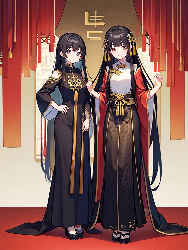 Full-body portrait、Are standing、Black Hair、Messy hair、Very long hair、Long Hair、Black revealing Chinese curtain dress